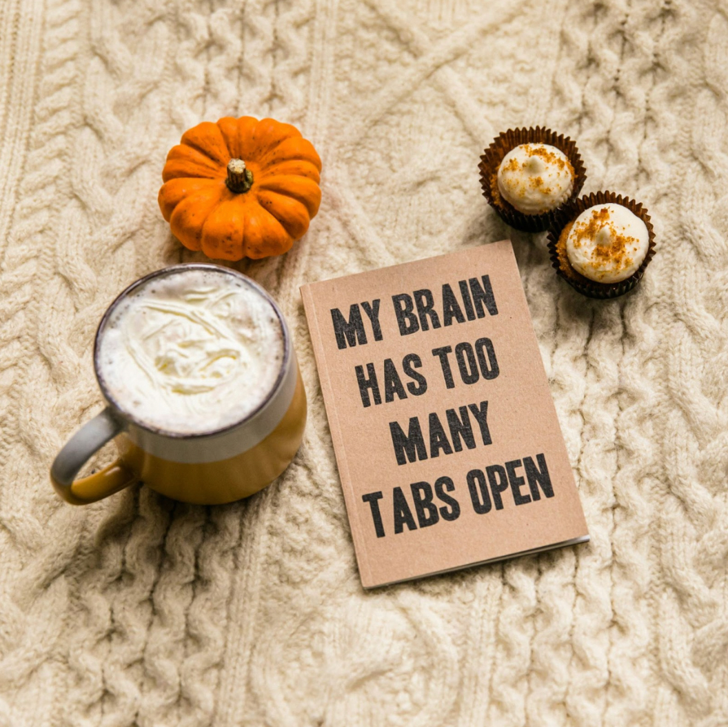 Photograph of a notebook with coffee and sweets